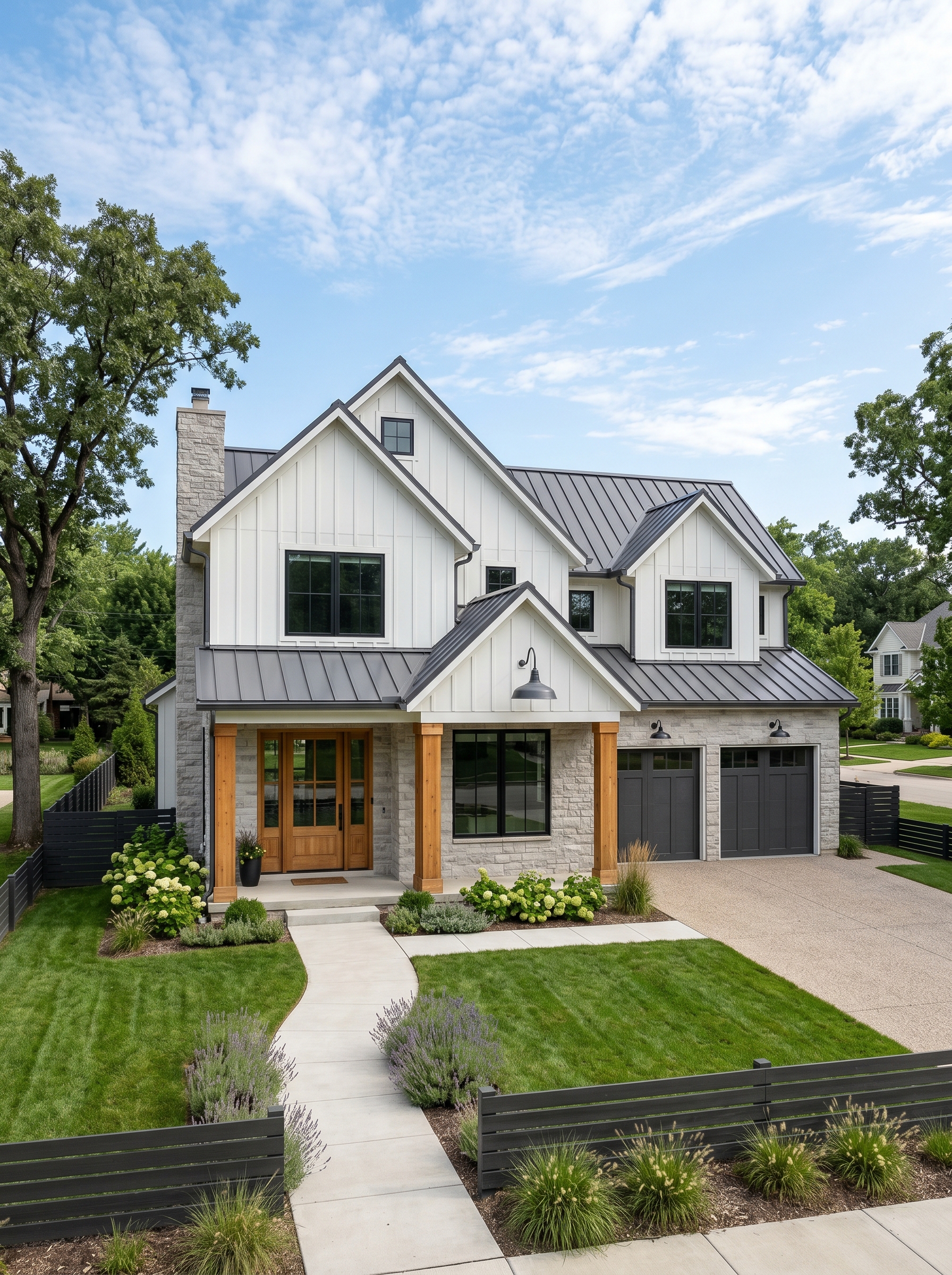 Modern farmhouse exterior with board-and-batten siding, black steel windows, and metal roof